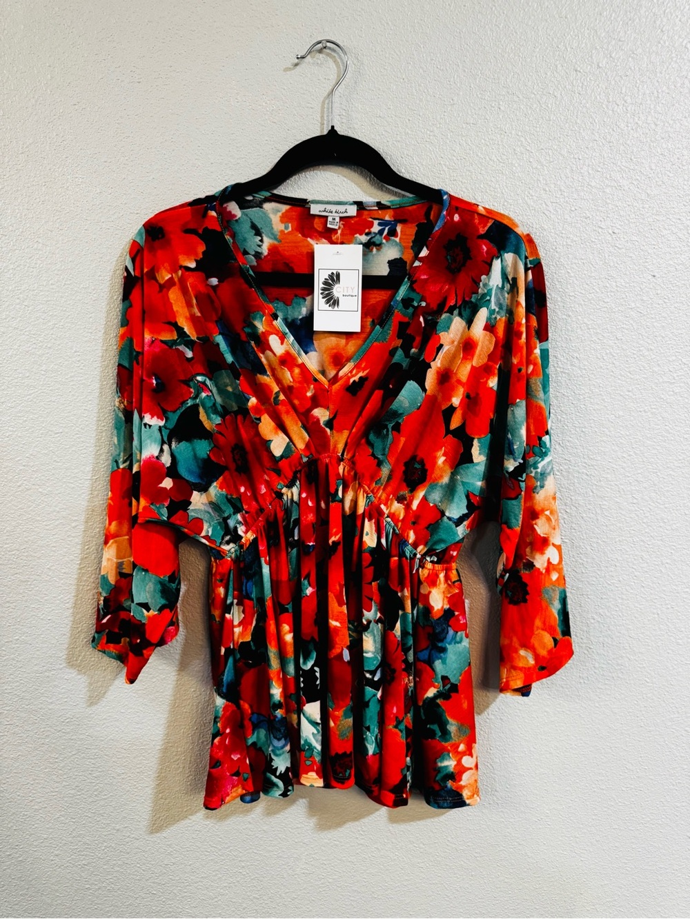 white birch Red Floral V-Neck Peplum Tunic